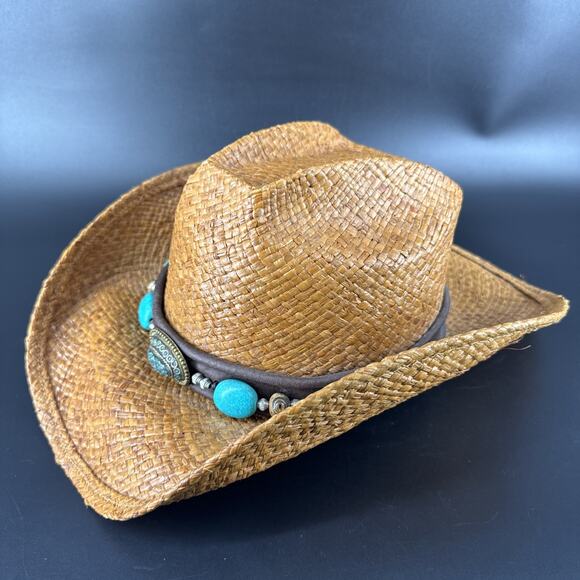 Shady Brady Straw Hat Medium Western USA Brown Band Turquoise/Stone Details - Picture 13 of 15